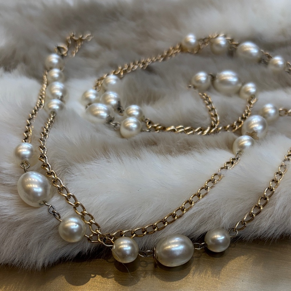 Gold Tone and Faux Pearl Long Necklace